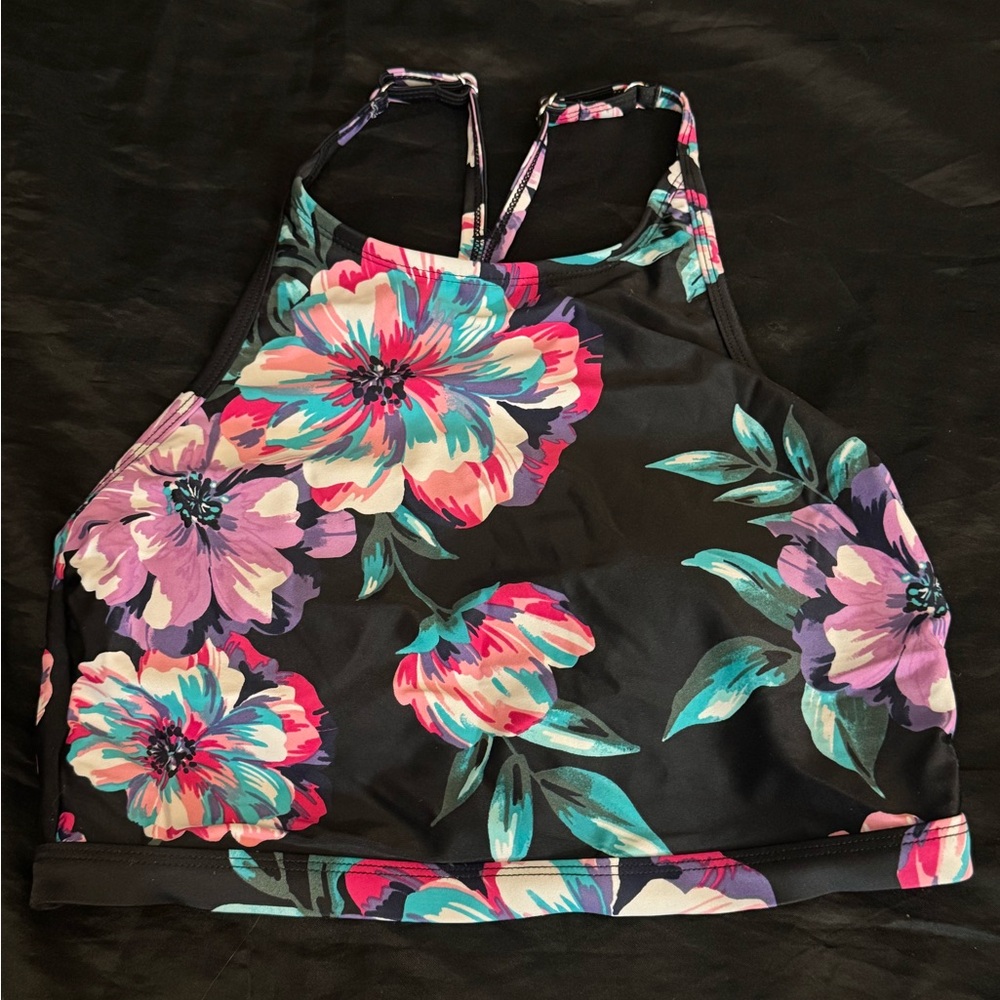 Eco Beach Floral High Neck Bikini Top Racerback Swim Top Black Medium M